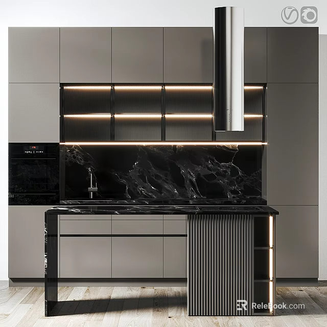Modern Kitchen Cabinets Design With Black Marble Countertop And LED Lighting In Sleek Interior 3d model 