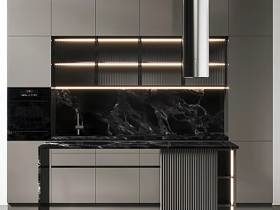 Modern Kitchen Cabinets Design With Black Marble Countertop And LED Lighting In Sleek Interior 3d model