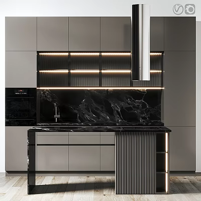 Modern Kitchen Cabinets Design With Black Marble Countertop And LED Lighting In Sleek Interior 3d model