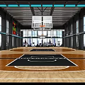 Spacious Indoor Basketball Court With Wooden Flooring Hoops Digital Scoreboard And Large Windows