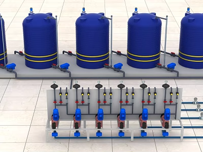 Industrial Equipment Featuring Multiple Blue Tanks With Neatly Arranged Pipes And Valves 3d model