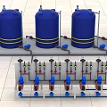 Industrial Equipment Featuring Multiple Blue Tanks With Neatly Arranged Pipes And Valves