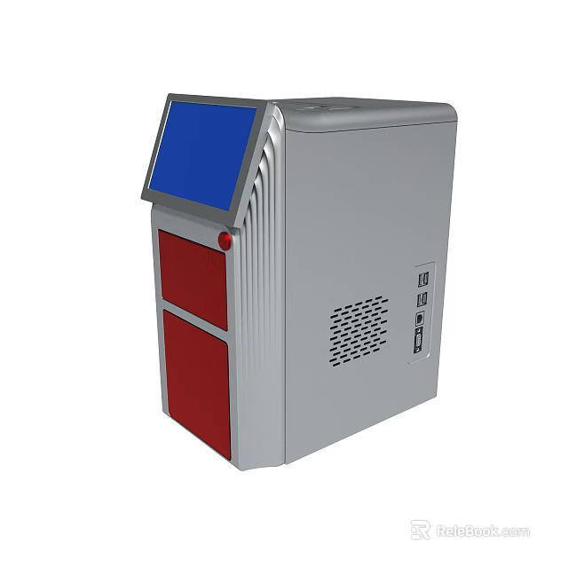 Industrial Control Equipment Silver Gray Body Blue Screen Red Panels And Ventilation Holes 3d model 
