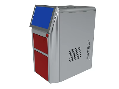 Industrial Control Equipment Silver Gray Body Blue Screen Red Panels And Ventilation Holes 3d model