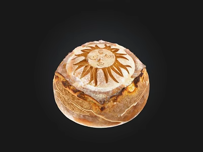 Freshly Baked Round Bread With Carved Sun Design On Golden Crust 3d model