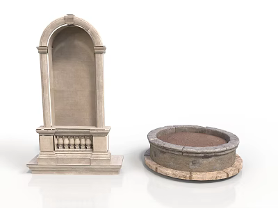 Ancient Classical Stone Arch Structure And Circular Basin Decor Elements 3d model