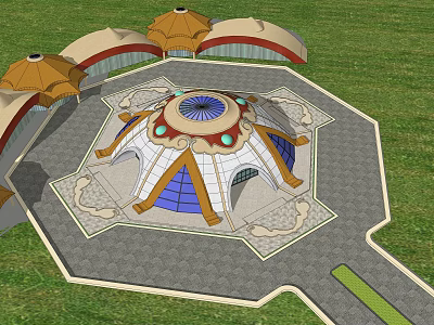 Octagonal Architectural Structure With Central Blue White Dome And Umbrella Shaped Roofs On Green Grass 3d model