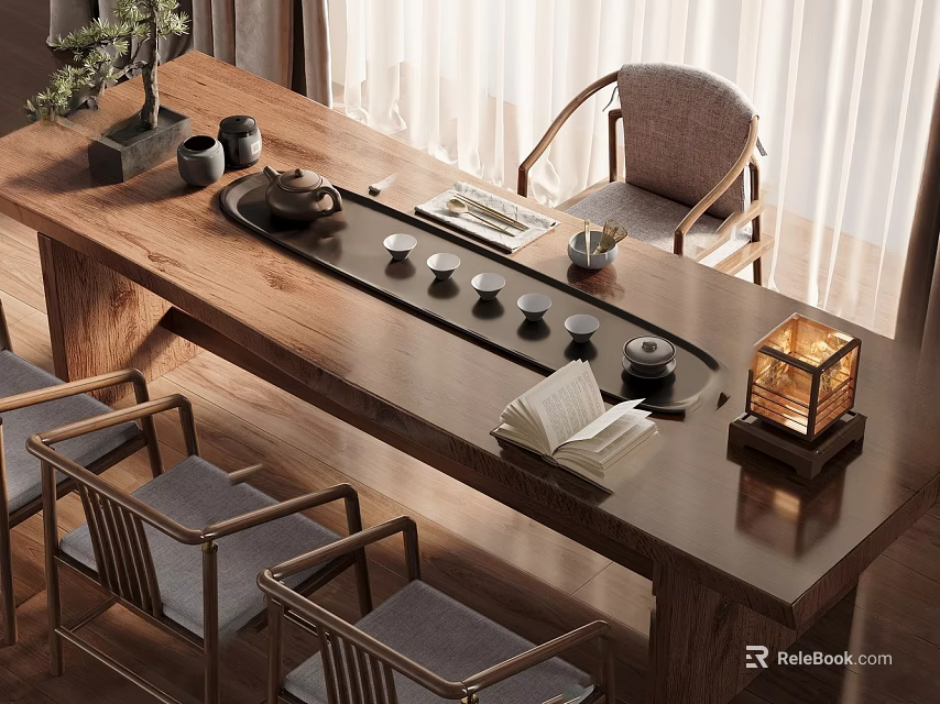 Traditional Wooden Tea Table and Chairs with Teacups Teapot Potted Plant Open Book and Lantern 3d model 