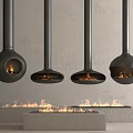 Modern Black Hanging And Floor Fireplaces With Flames In Contemporary Design