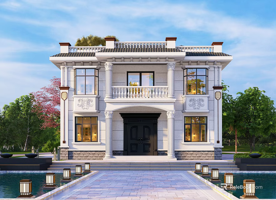 Classic White Detached Villa With Balcony Stone Pathway And Surrounding Trees 3d model