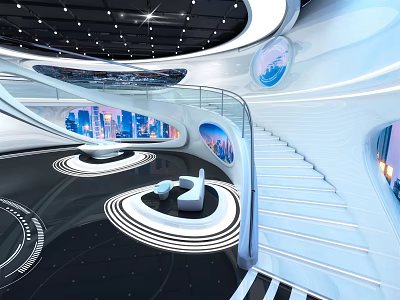 Futuristic Exhibition Hall With Curved Design Staircase Circular Elements City View Windows And White Seating 3d model