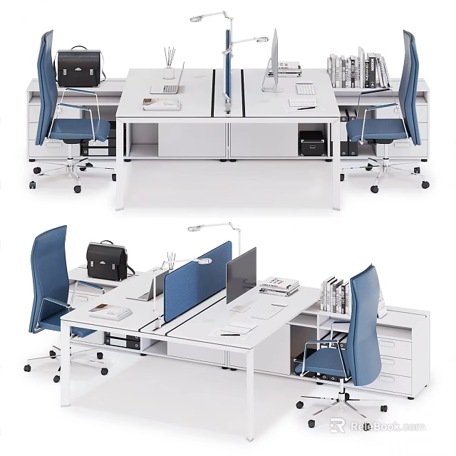 Modern White Office Desk Workspace With Blue Chairs Computers And File Cabinets 3d model 