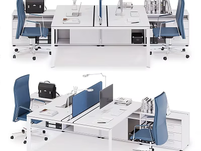 Modern White Office Desk Workspace With Blue Chairs Computers And File Cabinets 3d model