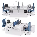 Modern White Office Desk Workspace With Blue Chairs Computers And File Cabinets