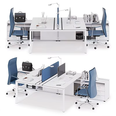 Modern White Office Desk Workspace With Blue Chairs Computers And File Cabinets 3d model