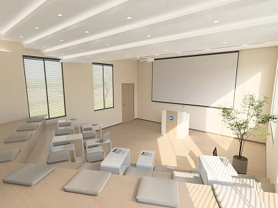 Modern School Classroom With Projection Screen Tiered Seating And Plant 3d model