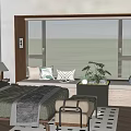 Modern Bedroom Window Seat With Soft Pillows Green Plant And Wooden Blinds
