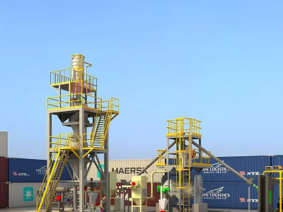 Yellow Industrial Equipment With Multi Level Steel Platforms And Metal Ladders At Container Site 3d model