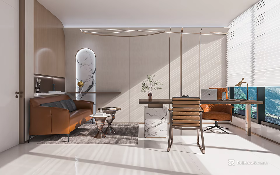 Elegant Modern Office Interior Design With Leather Sofa Marble Desk And Natural Light Plants 3d model 
