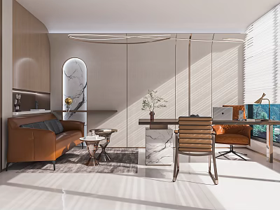 Elegant Modern Office Interior Design With Leather Sofa Marble Desk And Natural Light Plants 3d model
