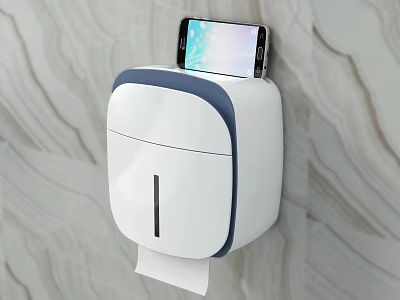 Wall Mounted White Tissue Box With Mobile Phone Holder On Marble Wall 3d model