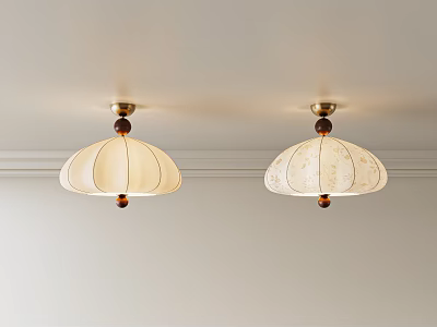 Two Modern Ceiling Lights With White Lampshades Golden Bases And Wooden Decorative Balls 3d model