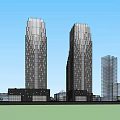 Modern Twin Tall Office Buildings In Urban City With Green Spaces And Architecture