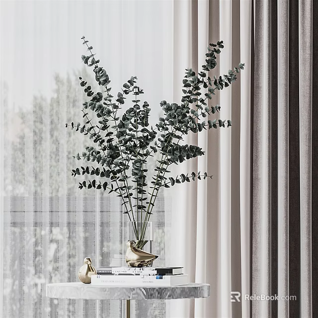 Chic Vase with Fresh Eucalyptus Leaves in Interior Decor with Sheer Curtains and Window View 3d model 