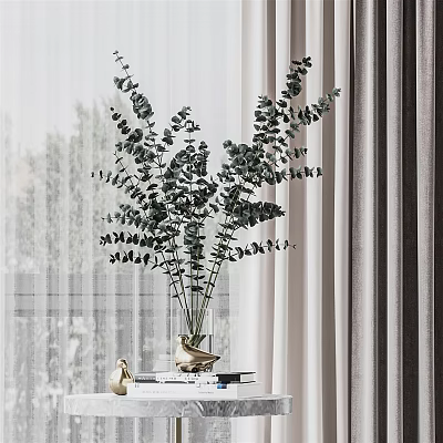 Chic Vase with Fresh Eucalyptus Leaves in Interior Decor with Sheer Curtains and Window View 3d model