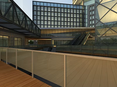 Modern Commercial Street With Glass Curtain Walls Open Wooden Deck And Glass Railings 3d model