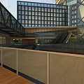 Modern Commercial Street With Glass Curtain Walls Open Wooden Deck And Glass Railings