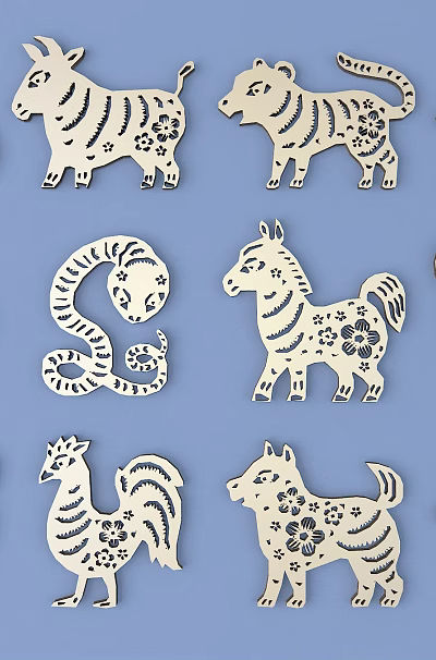 Intricate Carved Wooden Chinese Zodiac Animal Figures With Detailed Hollow Patterns 3d model
