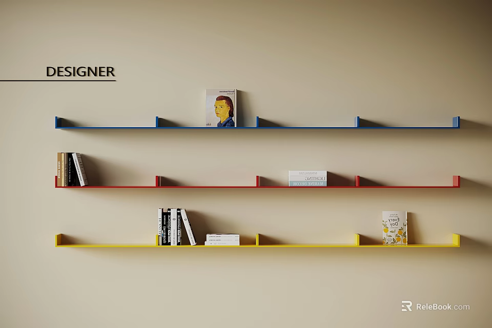 Designer Colorful Wall Shelves with Books and Decor Items on Beige Wall 3d model 