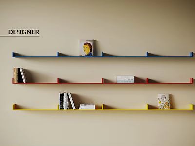 Designer Colorful Wall Shelves with Books and Decor Items on Beige Wall 3d model