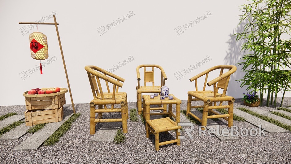 Outdoor bamboo table and chair bamboo lantern dustpan landscape sketch model