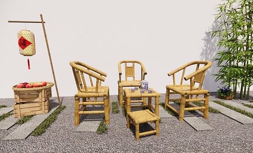 Outdoor bamboo table and chair bamboo lantern dustpan landscape sketch 3d model