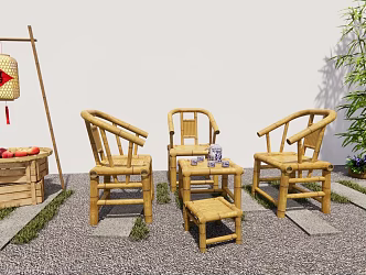 Outdoor bamboo table and chair bamboo lantern dustpan landscape sketch 3d model