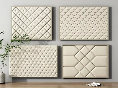 Bedroom Bed Backdrop Wall With Various Tufted Textured Panels In Neutral Beige 3d model