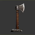 Vintage Decorative Axe With Wooden Handle And Metal Head On Base