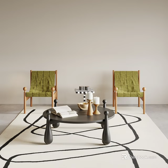 Green Chairs With Wooden Frames And Black Tea Table On Black And White Patterned Rug 3d model 