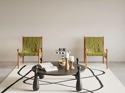 Green Chairs With Wooden Frames And Black Tea Table On Black And White Patterned Rug 3d model