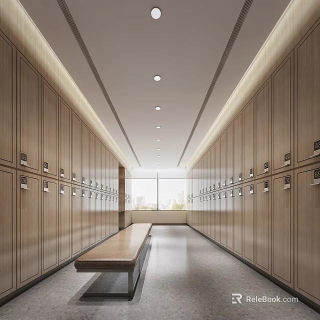 Modern Wooden Wardrobes Along Corridor Sides With Bench in Middle And Window at End 3d model 