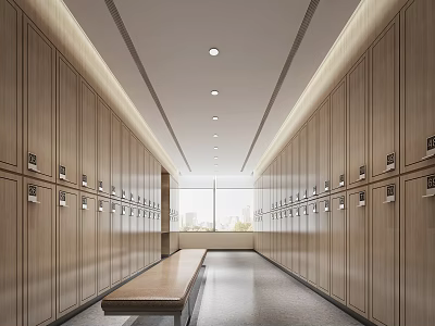 Modern Wooden Wardrobes Along Corridor Sides With Bench in Middle And Window at End 3d model