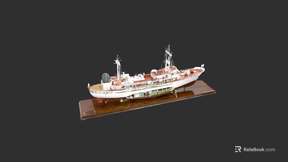 Detailed Warship Model With White Red Hull On Wooden Display Base 3d model 