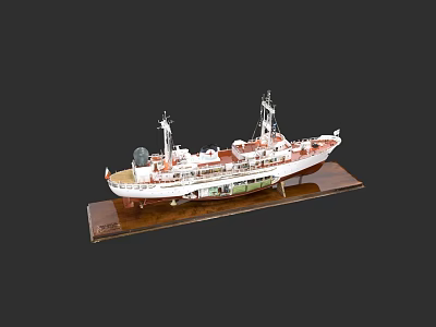Detailed Warship Model With White Red Hull On Wooden Display Base 3d model