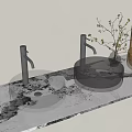 Modern Textured Glass Washbasins With Metallic Faucets And Decorative Plant On Patterned Countertop