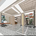 Elegant Hotel Corridor With Traditional Wooden Ceiling Decorative Columns And Potted Plants