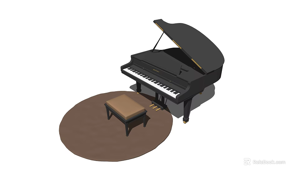 Elegant Black Grand Piano With Wooden Bench On Round Brown Rug 3d model 