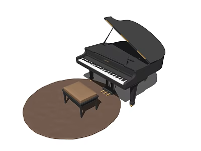 Elegant Black Grand Piano With Wooden Bench On Round Brown Rug 3d model