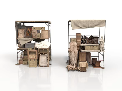 Vintage Metal Shelves Display With Wooden Crates Fabric And Old Items 3d model